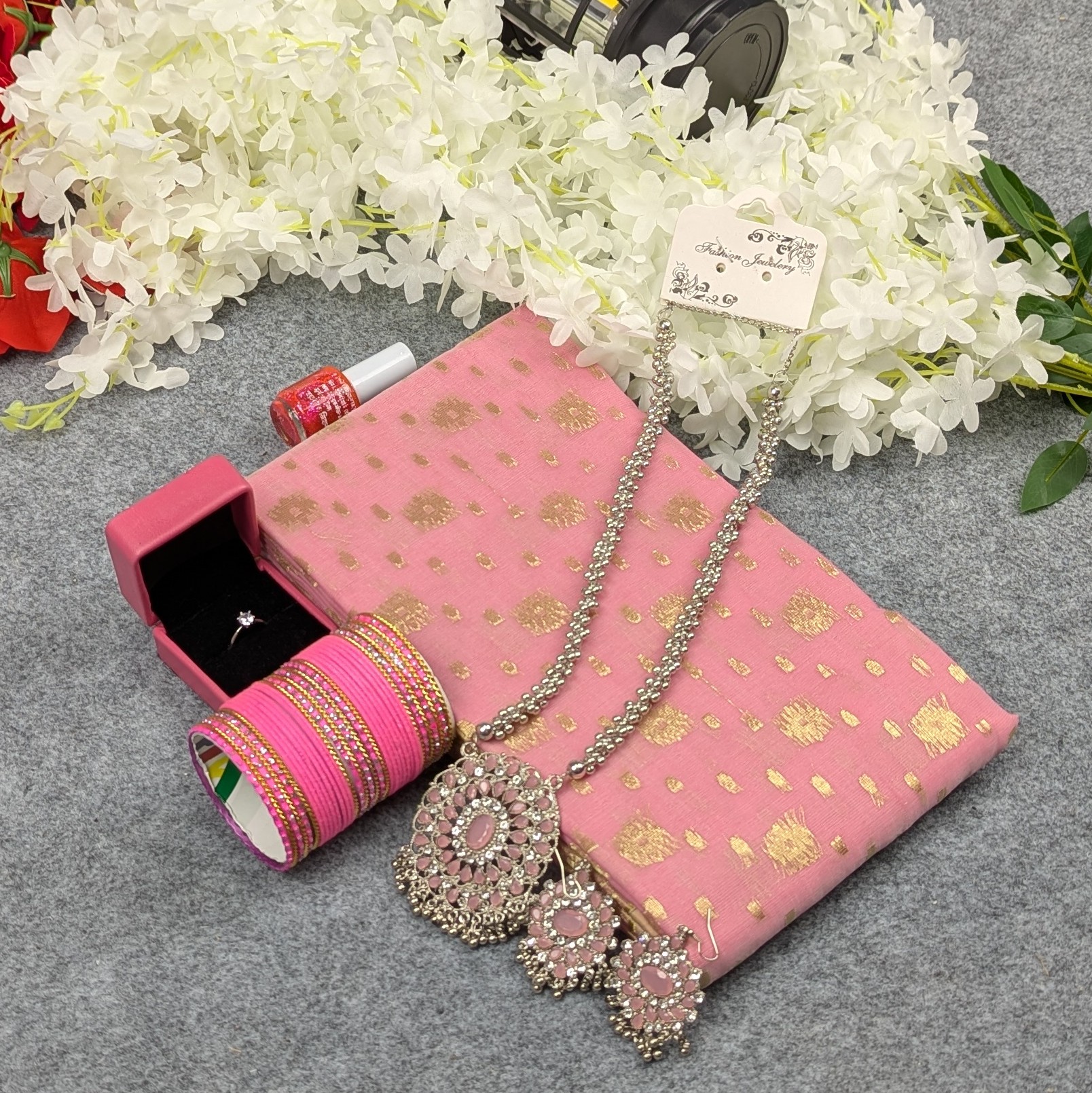 Premium Half Silk Jamdani Saree Combo Set - Pink - Image 3