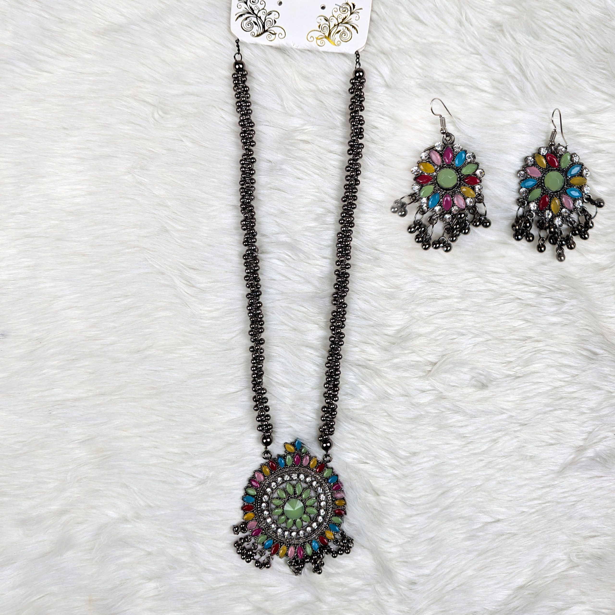 Antique Oxidized Necklace & Earrings Set – (Multiple Colors Available) - Image 4