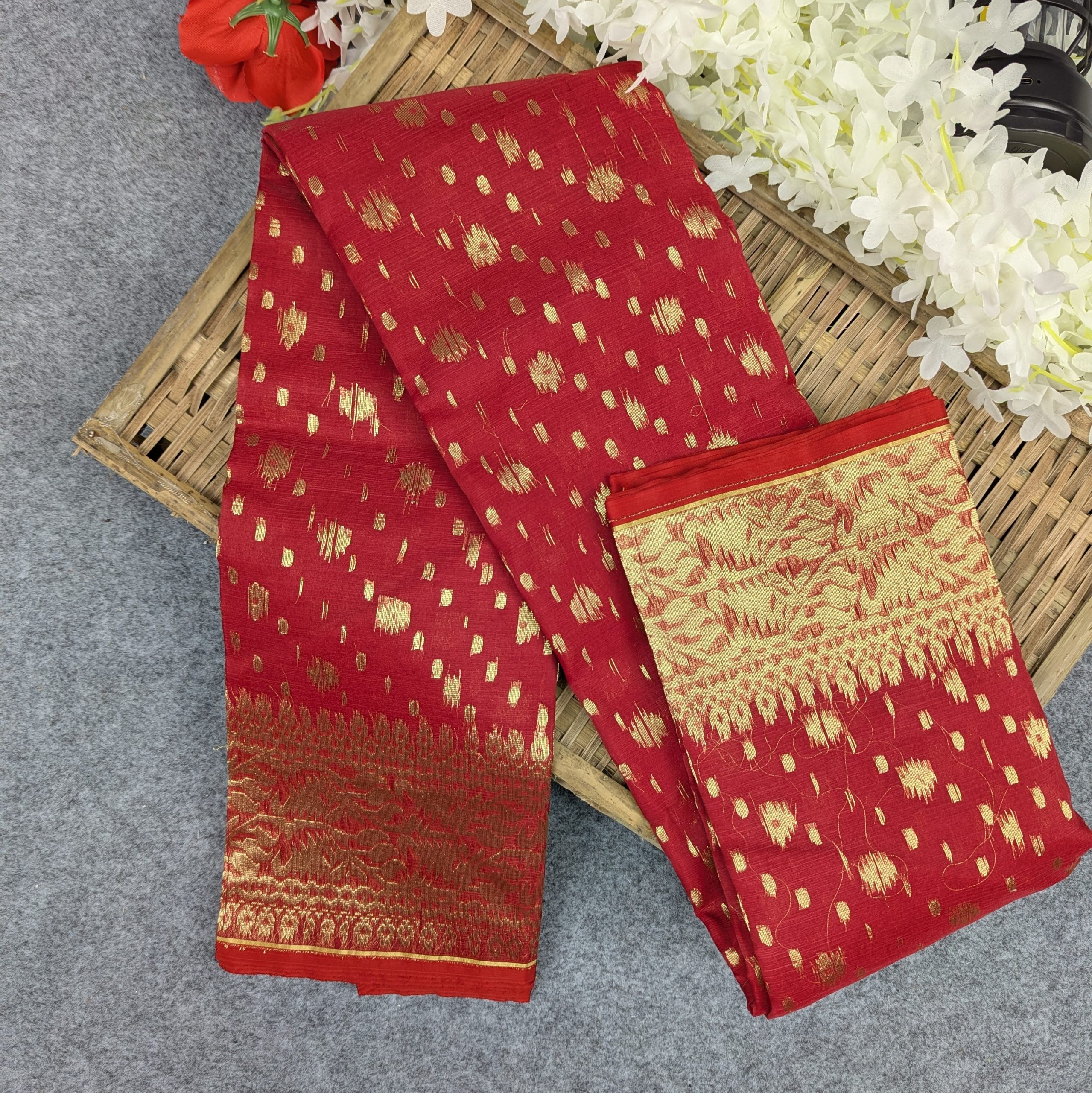 Premium Half Silk Jamdani Saree Combo Set - Red - Image 4