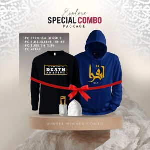 ১টি প্রিমিয়াম হুডি, ১টি প্রিমিয়াম ফুলহাতা টি'শার্ট, ১টি টুপি ও ১টি আতর (কম্বো প্যাক)