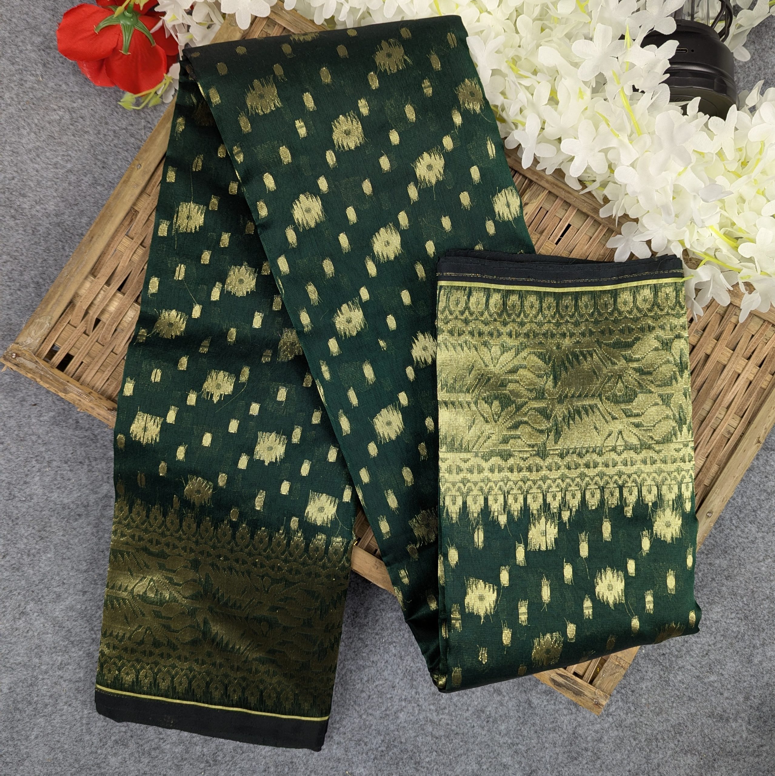 Premium Half Silk Jamdani Saree Combo Set - Green - Image 4