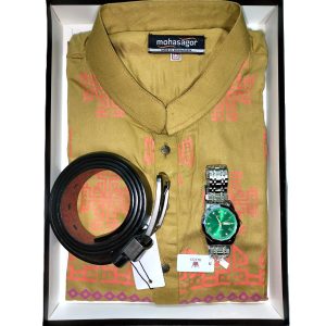 Cotton Printed Punjabi + Premium Watch + Leather Belt Combo Pack