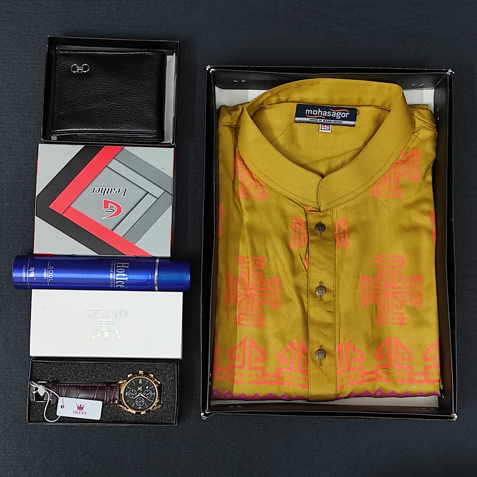 Printed Panjabi+ Wallet+ Olevs belt Watch+ Perfume Combo Pack - Image 3