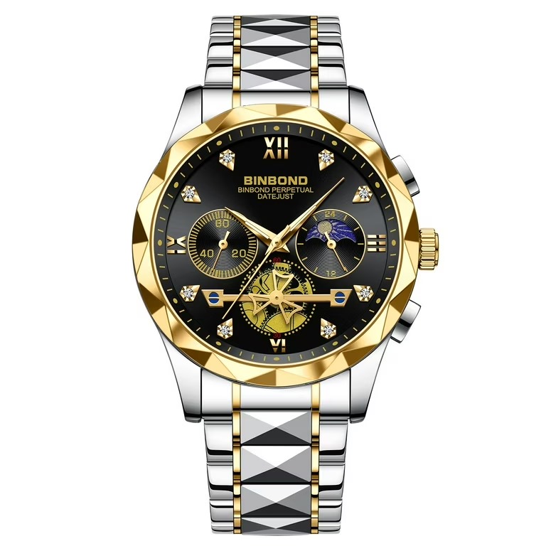 BINBOND B1236 Brand Fashion Tourbillon Dial Quartz Watches Men’s Luxury Stainless Steel + Free Chain cutter @ battery .