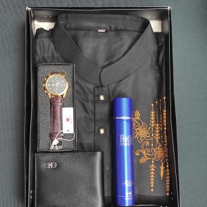 Printed Panjabi+ Wallet+ Olevs belt Watch+ Perfume Combo Pack