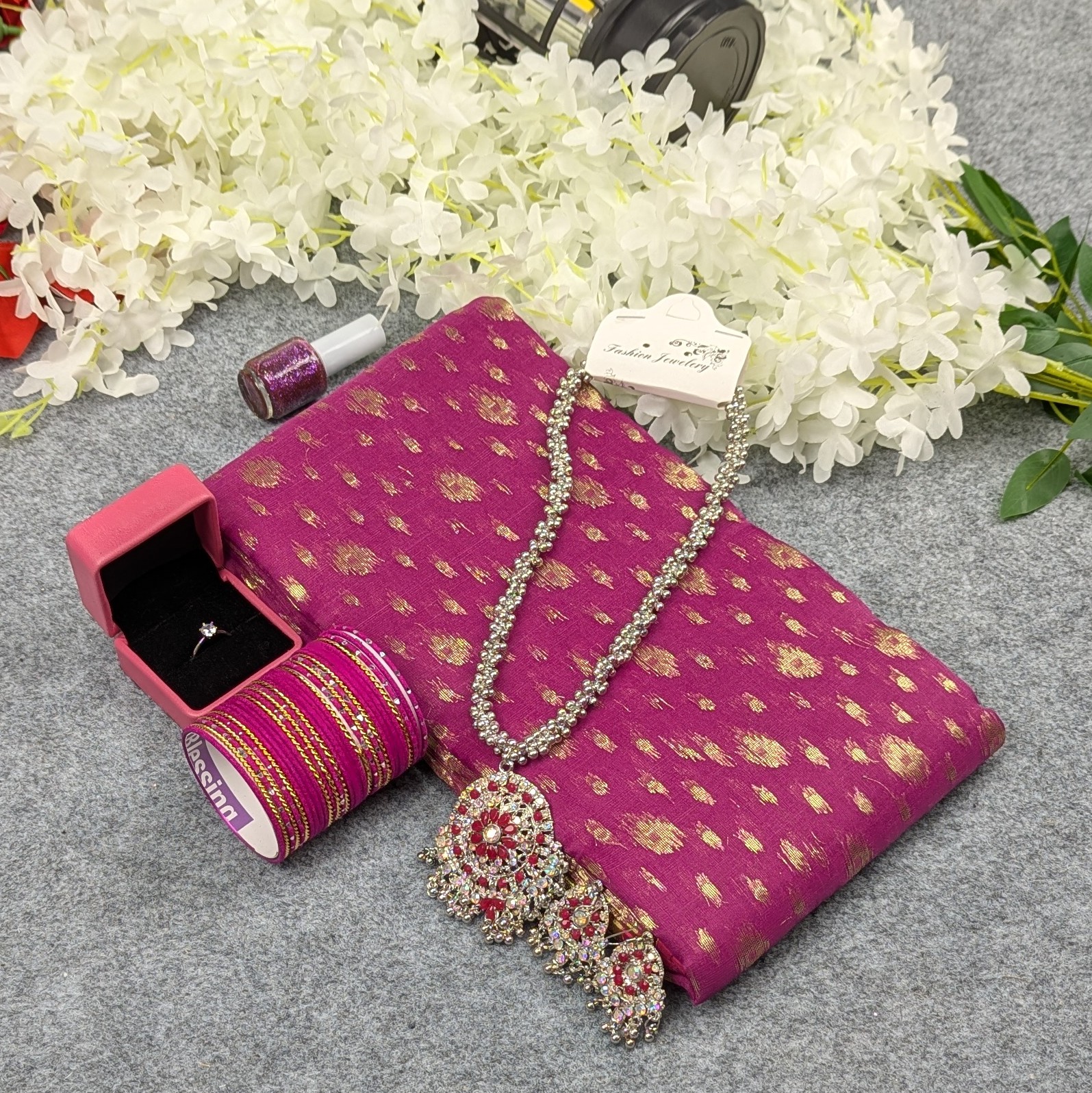 Premium Half Silk Jamdani Saree Combo Set - Purple - Image 3